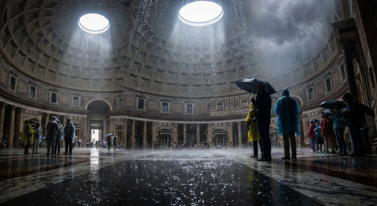 Regen fällt durch das Oculus des Pantheons